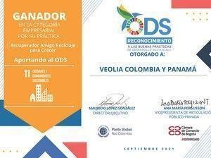 Certificado Veolia Colombia y Panamá reconocimiento ODS 11
